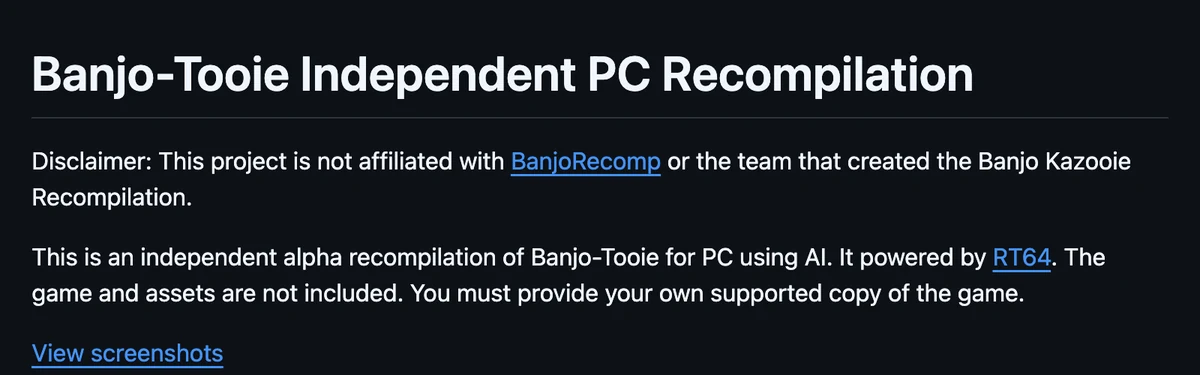 AI Banjo-Tooie 포트 저장소 안내문. 제목이 Banjo-Tooie Independent PC Recompilation으로 바뀌었고, BanjoRecomp 팀과 무관하다는 문구와 AI로 만든 독립 알파라는 설명이 맨 위에 있다