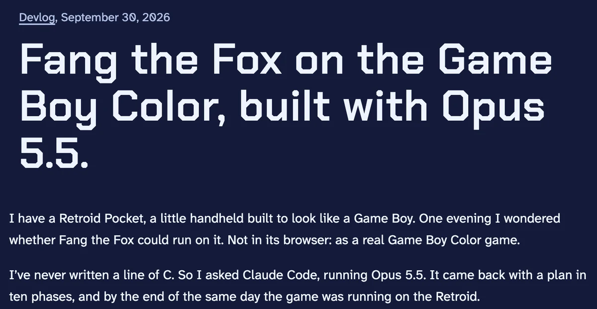 Tiny Bit Adventures 데브로그 Fang the Fox on the Game Boy Color, built with Opus 5.5의 제목과 첫 두 문단