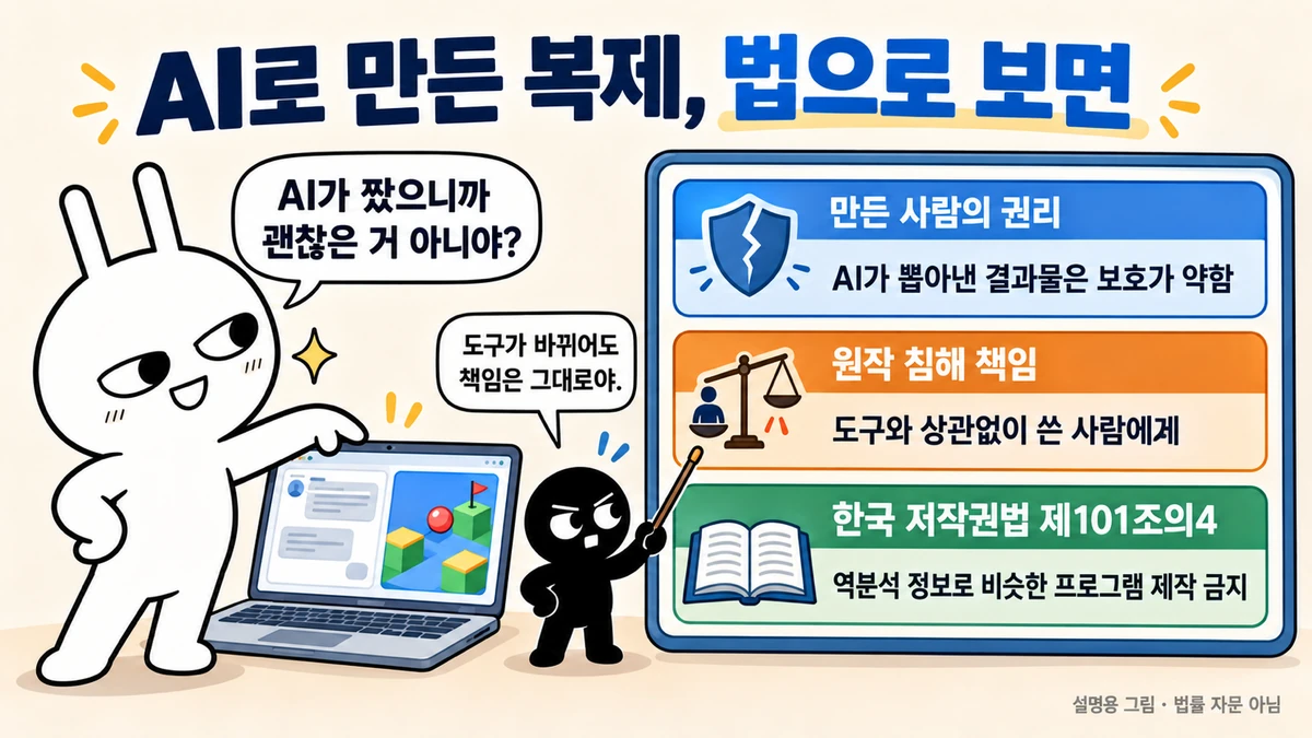 AI로 만든 복제를 법으로 보면: 만든 사람의 권리는 약하고, 원작 침해 책임은 도구와 상관없이 쓴 사람에게 있으며, 한국 저작권법 제101조의4는 역분석 정보로 비슷한 프로그램을 만드는 것을 막는다는 세 칸 설명판과 순순·흑심