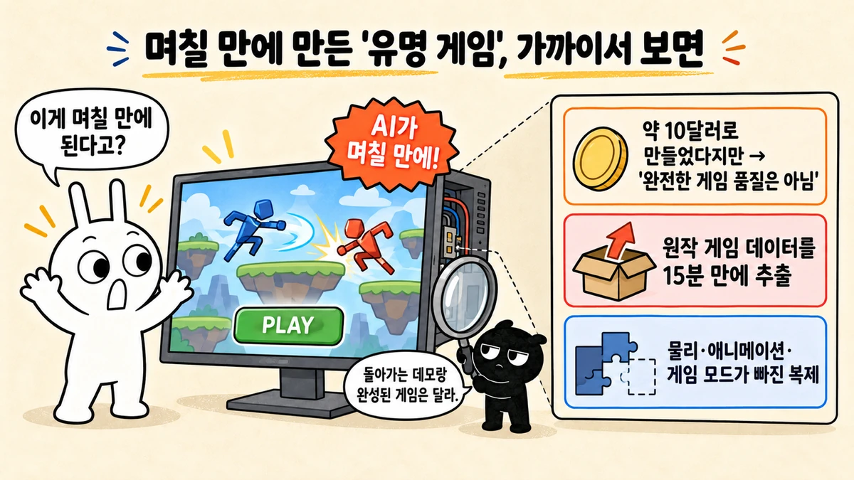 며칠 만에 만든 유명 게임 데모를 보고 놀라는 순순과, 돋보기로 뒤를 살피는 흑심. 약 10달러지만 완전한 게임 품질은 아님, 원작 게임 데이터를 15분 만에 추출, 물리·애니메이션·게임 모드가 빠진 복제라는 세 칸 설명