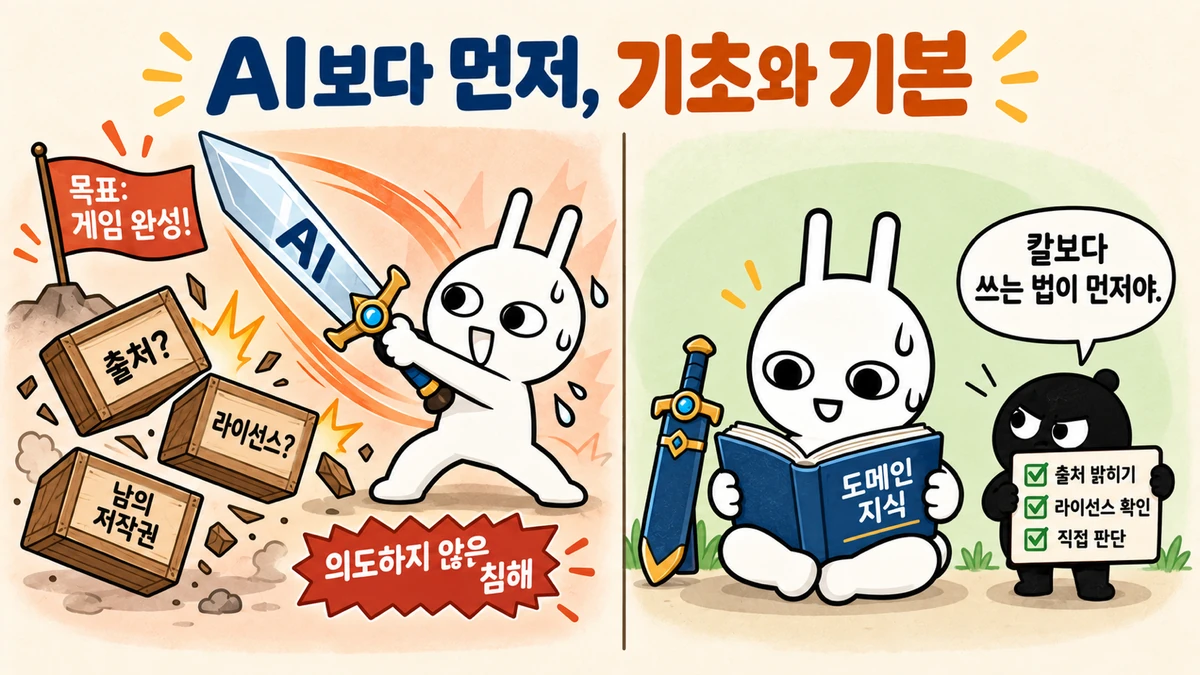 AI라고 적힌 큰 칼을 휘두르며 목표인 게임 완성만 보고 달려 출처, 라이선스, 남의 저작권 상자를 쓰러뜨리는 순순과, 도메인 지식 책을 읽는 순순 옆에서 출처 밝히기·라이선스 확인·직접 판단 체크리스트를 든 흑심