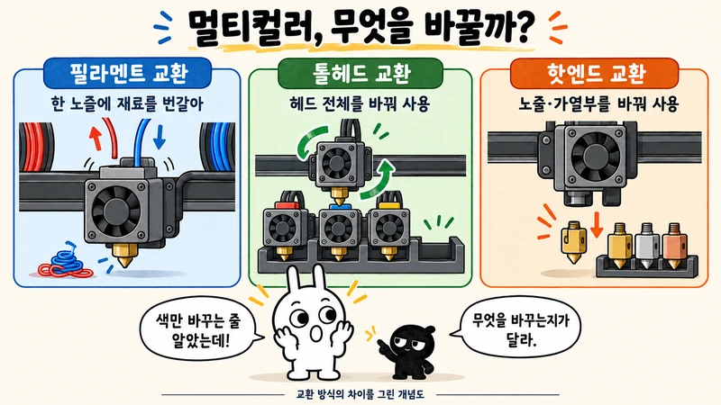 순순과 흑심이 필라멘트 교환, 툴헤드 전체 교환, 핫엔드 교환의 차이를 설명하는 그림