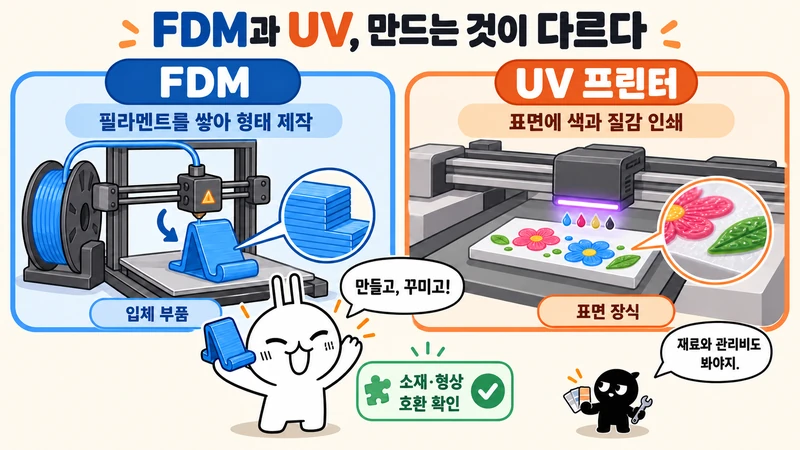 FDM으로 거치대 형태를 쌓는 과정과 UV 잉크로 판 표면에 색·질감을 인쇄하는 과정을 비교하는 순순·흑심 그림