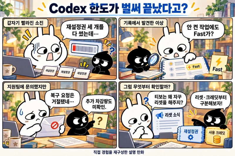 갑작스러운 사용량 소진, 의도치 않은 Fast 발견, 복구 거절, 티보의 리셋과 크레딧에 대한 궁금증을 순순과 흑심으로 풀어낸 4컷 만화.
