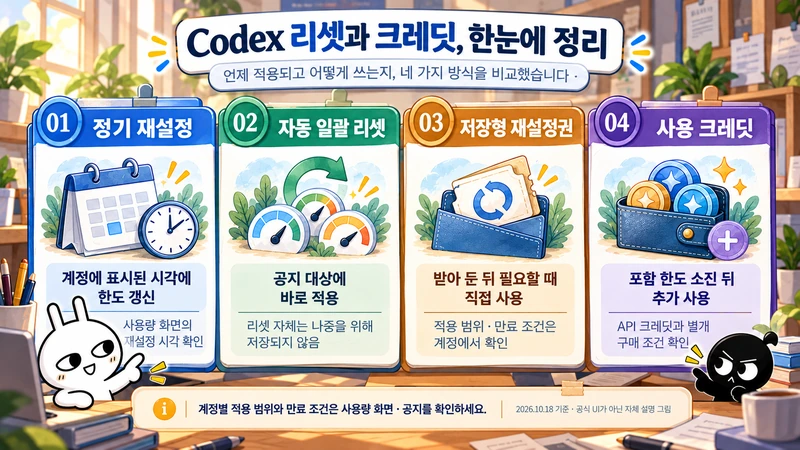 정기 재설정, 자동 일괄 리셋, 저장형 재설정권, 사용 크레딧의 적용 방식과 차이.