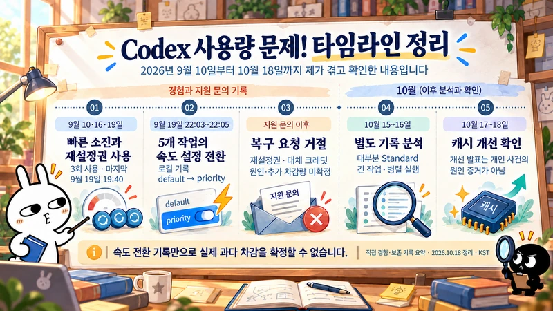 9월 사용량 급감과 5개 작업의 속도 전환, 지원 복구 거절, 10월 별도 사용량 분석을 구분한 타임라인.
