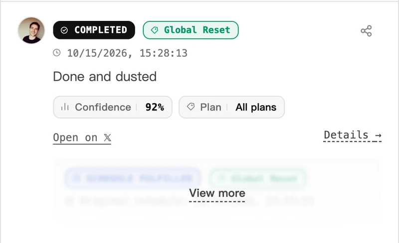 Did Codex Reset에 재게시된 티보의 Done and dusted 리셋 공지와 공개 프로필 이미지.