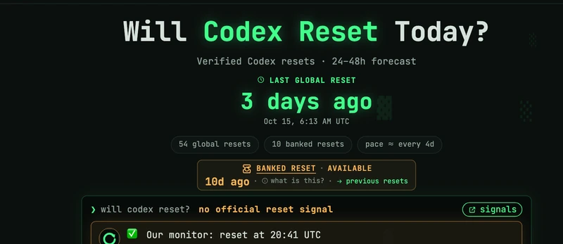 Codex Reset 홈페이지의 최근 전역 리셋과 저장형 재설정권, 예측 안내 화면.