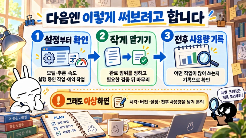 모델·추론·속도와 진행 중인 작업 확인, 작업을 작게 맡기기, 전후 사용량 기록을 순서대로 정리하고 그래도 이상하면 근거를 남겨 문의하자는 마무리 그림.