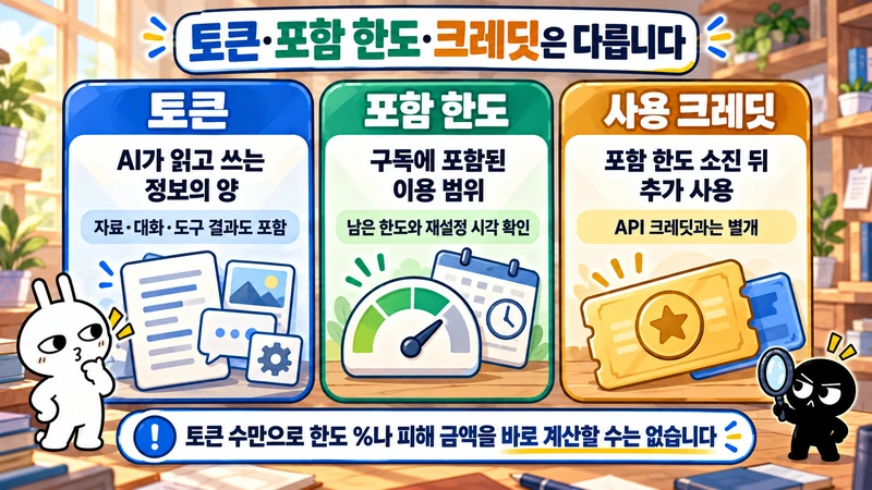 토큰은 읽고 쓰는 정보의 양, 포함 한도는 구독의 이용 범위, 사용 크레딧은 포함 한도 소진 뒤의 추가 이용 단위라는 차이를 설명한 비교 그림.