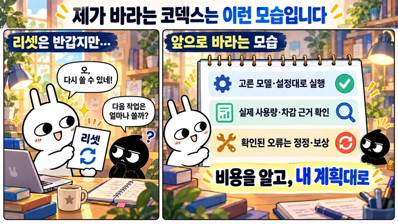 리셋을 반기면서도 고른 모델과 설정대로 실행되는지, 실제 차감 근거와 오류 정정·보상을 확인할 수 있는 서비스를 바라는 두 장면의 만화.