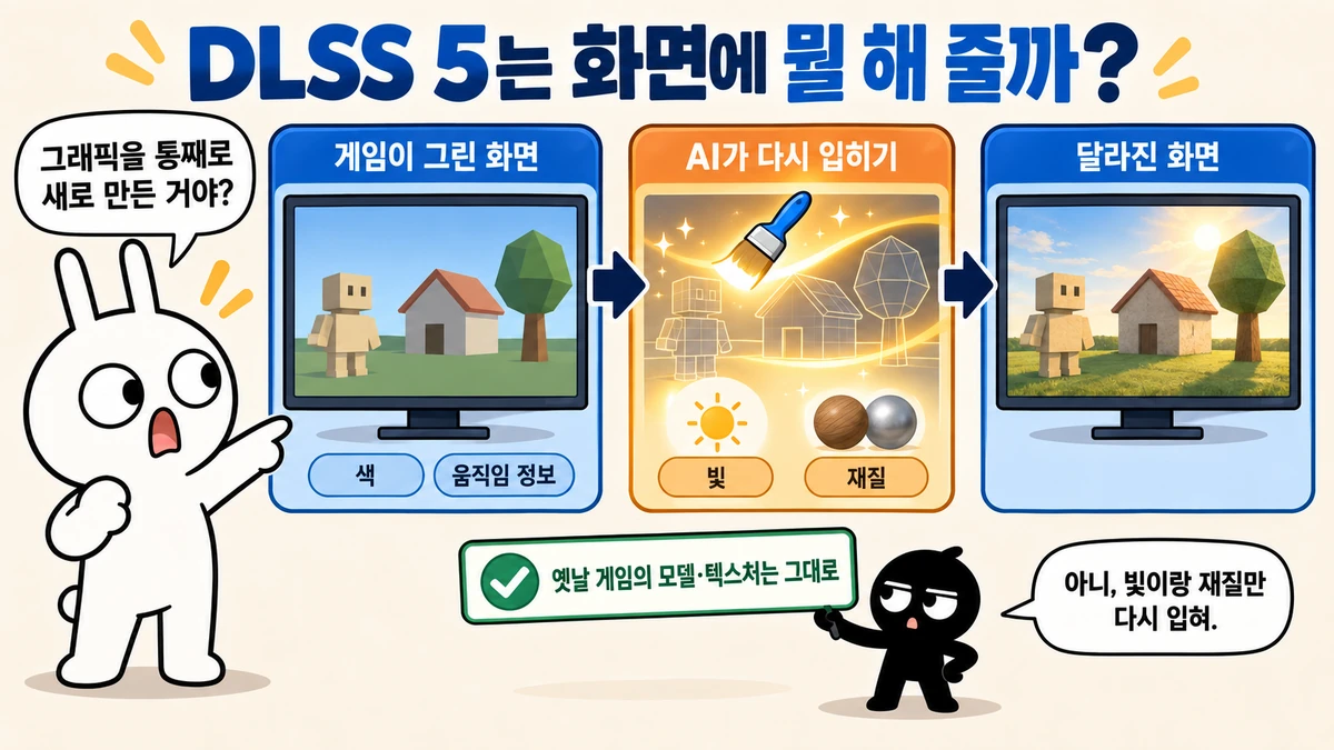 게임이 그린 화면의 색과 움직임 정보를 받아 AI가 빛과 재질을 다시 입히는 과정을 설명하는 순순과 흑심. 옛날 게임의 모델과 텍스처는 그대로라고 적혀 있다