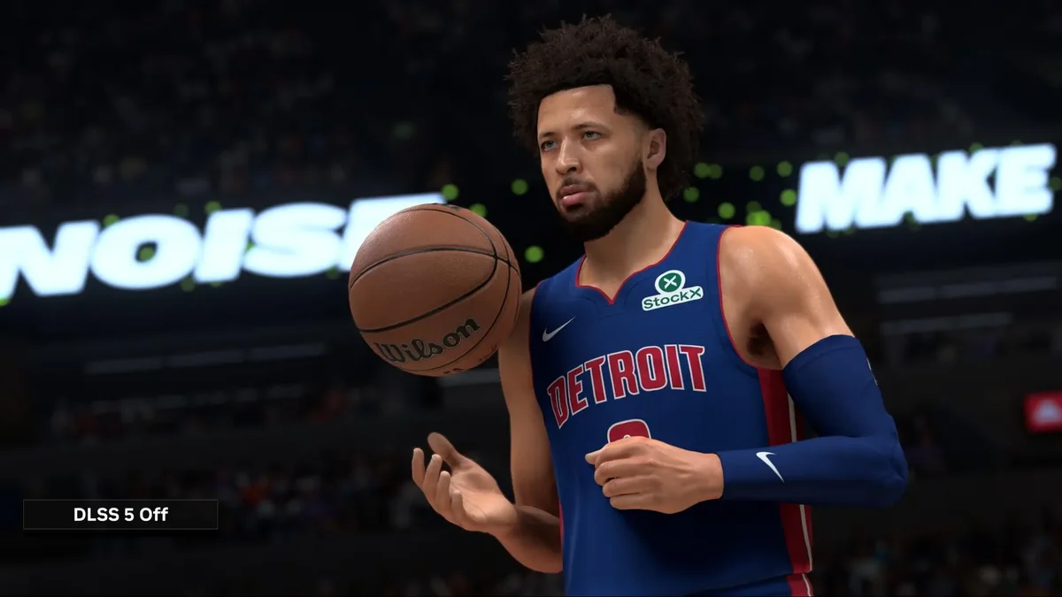 NVIDIA 공식 이미지. NBA 2K27에서 DLSS 5를 끈 상태의 디트로이트 2번 선수 케이드 커닝햄