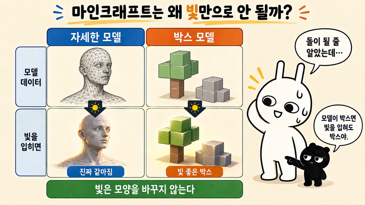 자세한 모델과 박스 모델에 같은 빛을 입힌 비교. 촘촘한 삼각형으로 된 얼굴 모델은 빛을 입히자 진짜 같아지고, 블록으로 된 나무와 바위는 빛이 좋아져도 그대로 박스다. 아래에 빛은 모양을 바꾸지 않는다고 적혀 있다