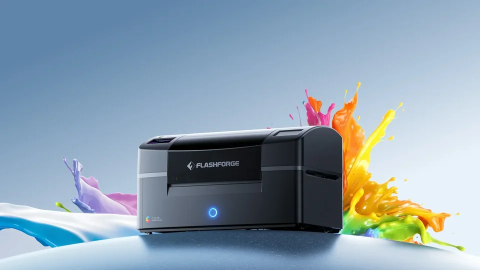 검은색 데스크톱 본체와 컬러 재료 연출이 함께 보이는 Flashforge CJ270 공식 제품 이미지
