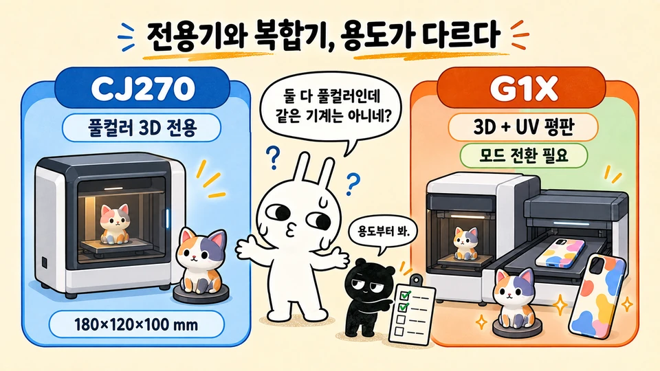 CJ270 풀컬러 3D 전용기와 G1X 3D·UV 평판 복합기의 용도 차이를 설명하는 순순과 흑심 그림