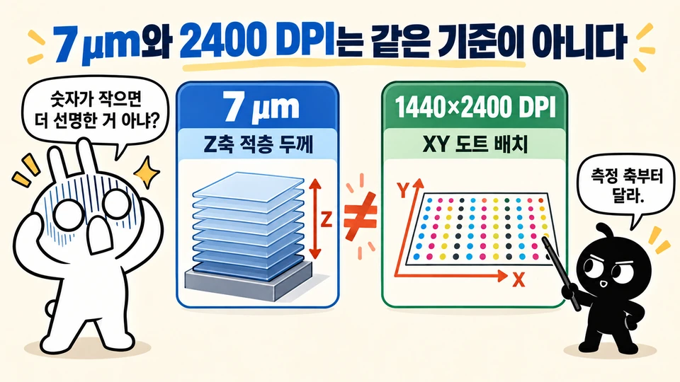 7마이크로미터 Z축 적층 두께와 1440×2400 DPI XY 도트 배치가 다른 기준임을 설명하는 순순과 흑심 그림