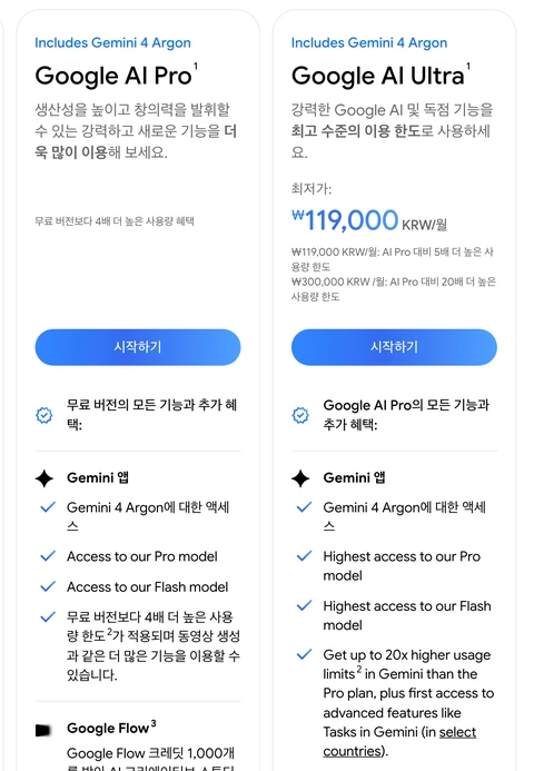 Google 한국어 구독 안내 페이지의 Google AI Pro와 Google AI Ultra 카드. 두 카드 모두 위에 'Includes Gemini 4 Argon'이 적혀 있다. Pro 카드에는 무료 버전보다 4배 높은 사용량이라고만 적혀 있고 요금은 보이지 않는다. Ultra 카드에는 최저가 월 119,000원(Pro 대비 5배 사용량)과 월 300,000원(20배)이 적혀 있다. 아래 Gemini 앱 항목에 두 카드 모두 Gemini 4 Argon에 대한 액세스가 있다