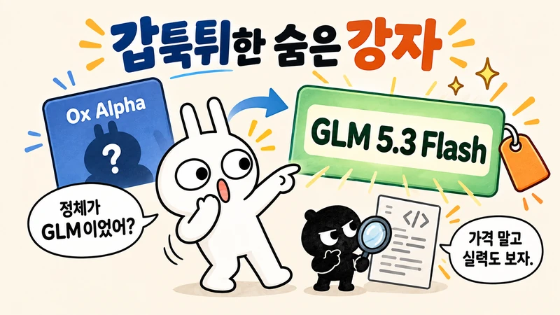 Ox Alpha에서 GLM 5.3 Flash로 정체가 공개된 과정을 살펴보는 순순과 흑심