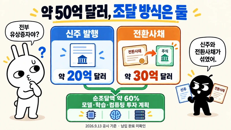 약 50억 달러 조달 계획을 신주 약 20억 달러와 전환사채 약 30억 달러로 나눈 도식