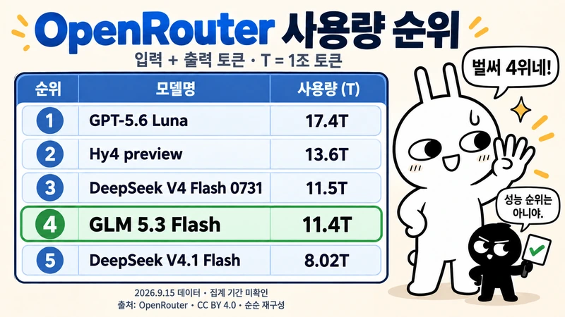 OpenRouter 토큰 사용량 상위 5개 모델. GLM 5.3 Flash는 11.4T로 4위이며 2026년 9월 15일 데이터, 집계 기간 미확인