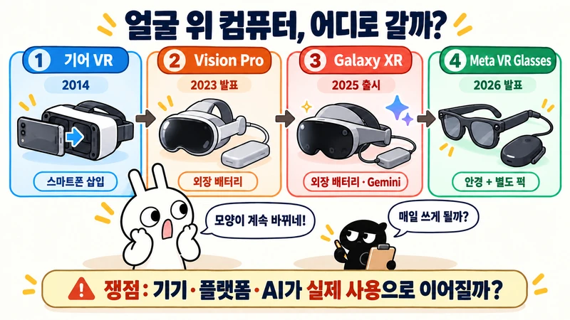 기어 VR의 삽입형 스마트폰, Vision Pro와 Galaxy XR의 케이블 연결 외장 배터리, Meta VR Glasses의 별도 퍽을 시간 순으로 비교한 순순·흑심의 설명 그림