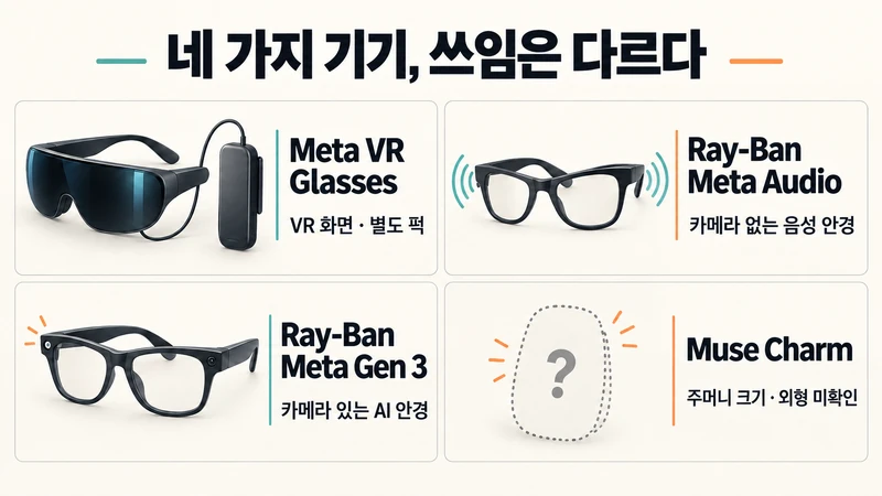 Meta VR Glasses와 별도 퍽, 카메라 없는 Ray-Ban Meta Audio, 카메라 있는 Ray-Ban Meta Gen 3, 외형 미확인 Muse Charm을 네 칸으로 구분한 비교 이미지