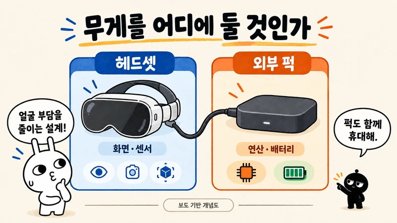 헤드셋의 화면·센서와 외부 퍽의 연산·배터리 역할을 구분한 개념도