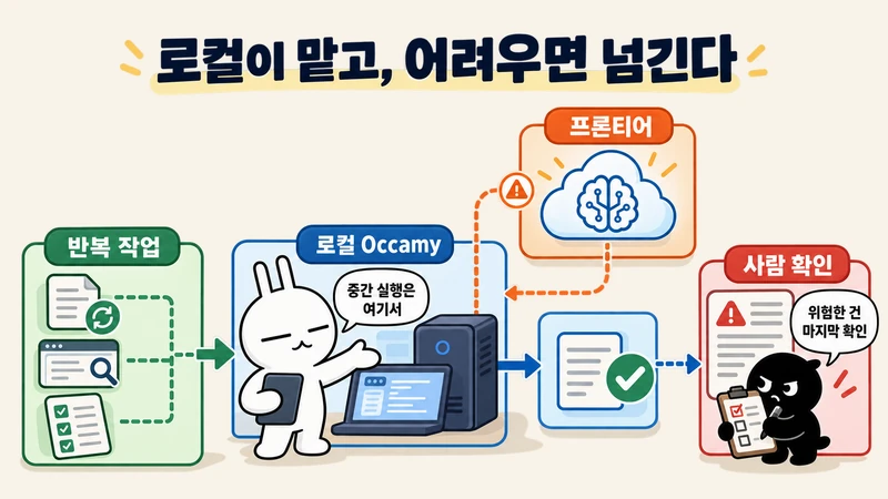 반복 작업을 로컬 Occamy가 처리하고 어려운 일은 프론티어로 넘기며 위험한 동작은 사람이 확인하는 흐름