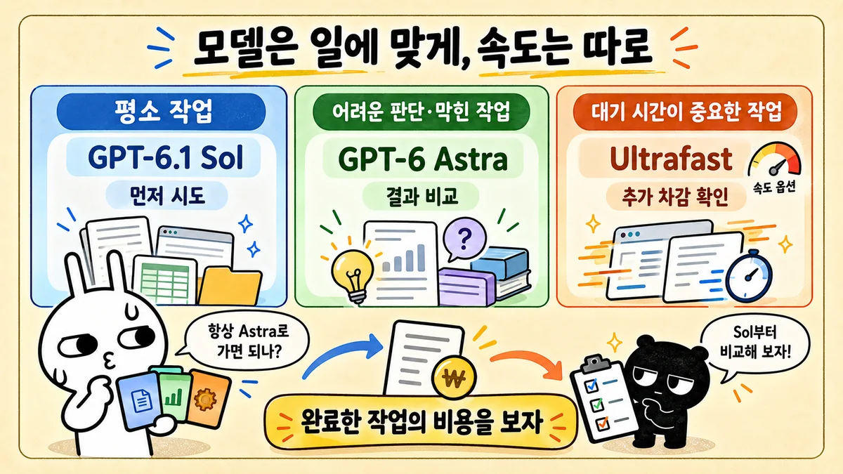 평소 작업은 Sol부터 시도하고 어려운 작업은 Astra와 결과를 비교하며, 대기 시간이 중요한 때는 Ultrafast의 추가 차감을 확인하자는 순순과 흑심의 모델 선택 설명 그림