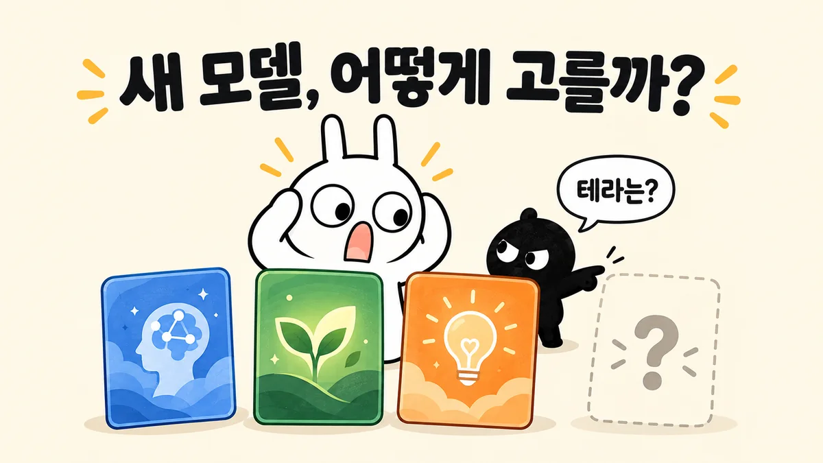 순순이 새 모델 선택 카드를 보고 놀라고, 흑심이가 Terra의 행방을 묻는 모습