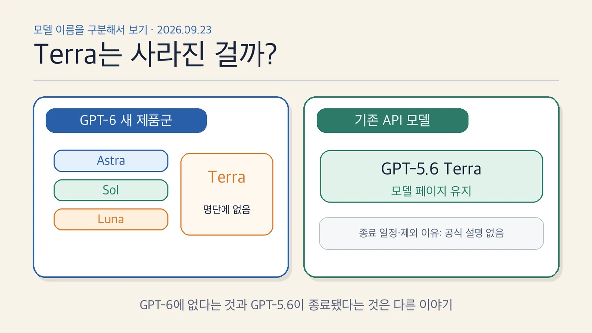 GPT-6 새 제품군에는 Astra·Sol·Luna만 있고 Terra는 명단에 없으며, 별도로 GPT-5.6 Terra API 모델 페이지가 유지됨을 구분한 상태 표
