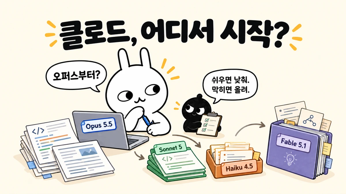 순순이 Opus 5.5로 코드와 문서를 살펴보고, 작은 흑심이가 완료 기준을 확인하며 Sonnet 5·Haiku 4.5·Fable 5.1을 시험할 작업물을 가리키는 그림