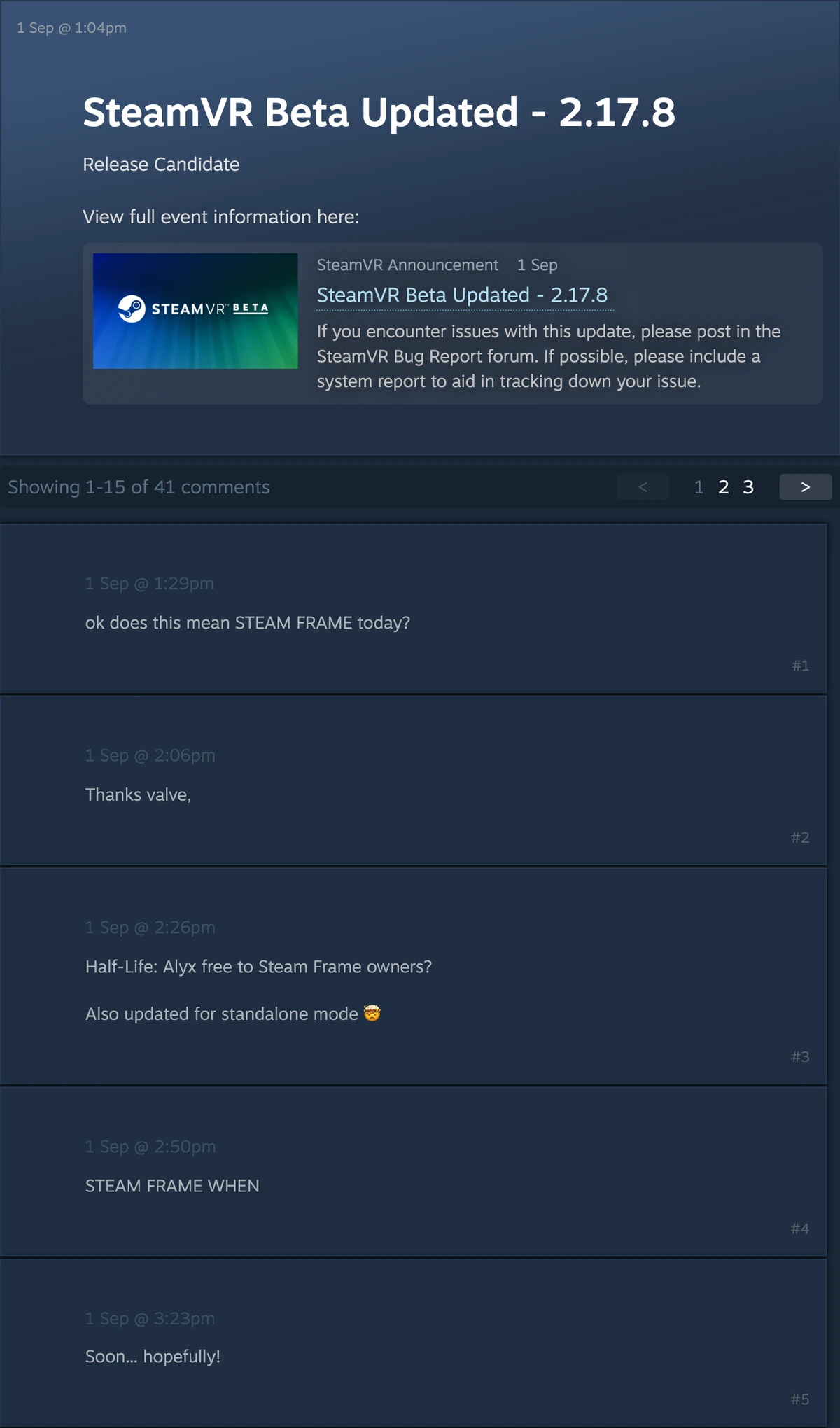 SteamVR 2.17.8 업데이트 토론 제목과 앞뒤 댓글 5개: 발표를 기다리는 반응과 알릭스 단독 실행에 놀라는 댓글