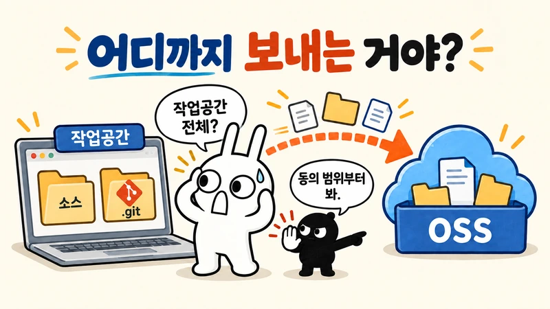 작업공간과 .git 폴더가 OSS로 향하자 놀란 순순에게 흑심이 동의 범위를 확인하라고 짚는 장면